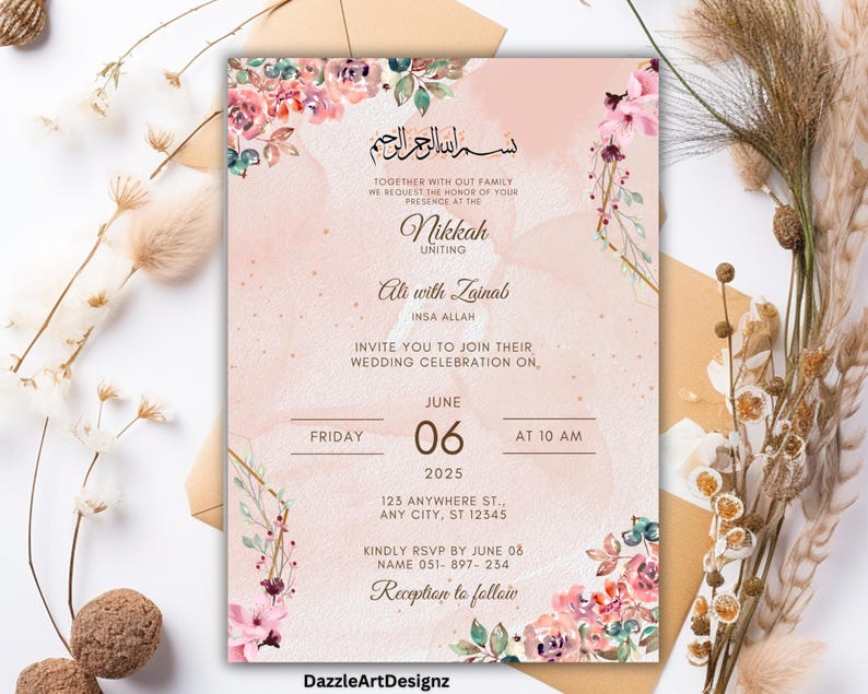 May include: A pink and gold wedding invitation with floral accents. The invitation reads "Nikkah uniting Ati with Zainab" and includes the date "June 06, 2025" and time "10 AM".