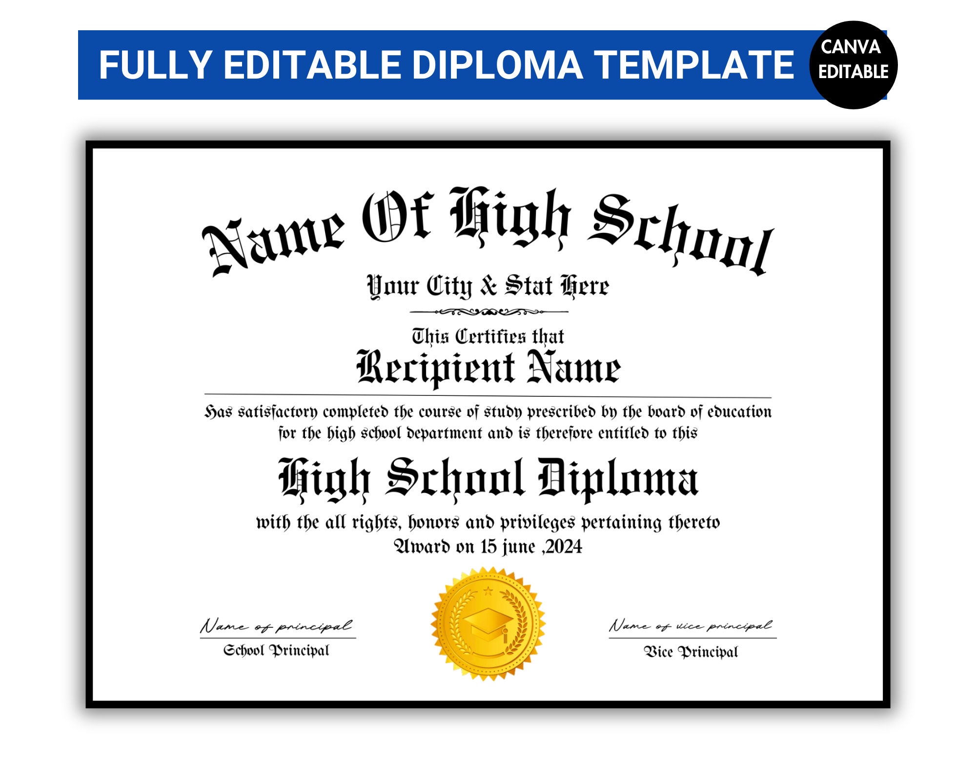 Editable High School Diploma Template, High School Diploma, Diploma Replica Template, Home School Diploma, Instant Download