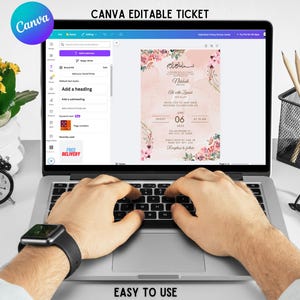 May include: A laptop computer screen displaying a Canva template for an editable ticket. The ticket is pink with floral designs and the text "Invitation Party Dinner India" and "06 2025". The laptop is on a white surface with a pair of glasses, a pencil holder, and a clock.