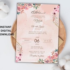 May include: A pink and gold wedding invitation with floral accents. The invitation reads "Nikkah Uniting Ali with Zainab" and includes the date and time of the wedding ceremony.