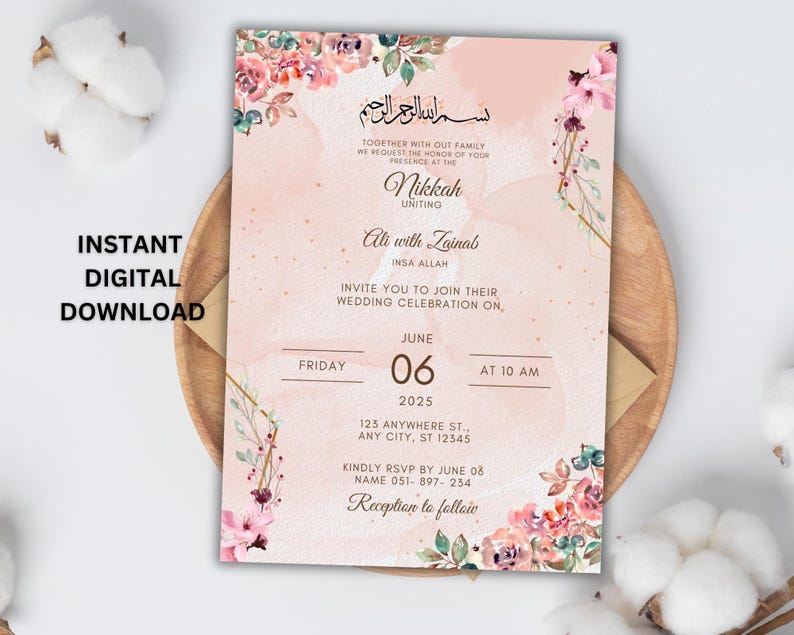 May include: A pink and gold wedding invitation with floral accents. The invitation reads "Nikkah Uniting Ali with Zainab" and includes the date and time of the wedding ceremony.