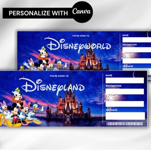 May include: Two printable tickets with a blue background featuring a nighttime scene of Cinderella's Castle at Disney World and Disneyland. The tickets have blank spaces for the name, destination, date, and a message. The tickets also feature images of Mickey Mouse, Minnie Mouse, Donald Duck, Goofy, and Pluto.