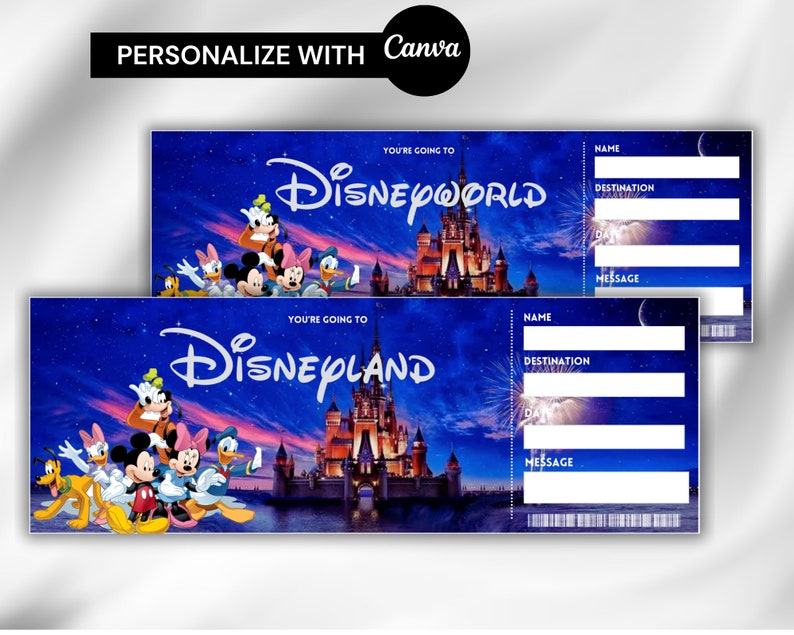 May include: Two printable tickets with a blue background featuring a nighttime scene of Cinderella's Castle at Disney World and Disneyland. The tickets have blank spaces for the name, destination, date, and a message. The tickets also feature images of Mickey Mouse, Minnie Mouse, Donald Duck, Goofy, and Pluto.