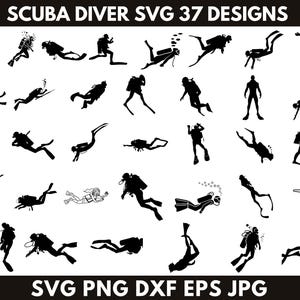 Könnte beinhalten: Ein Set mit 37 Schwarz-Weiß-Silhouetten-SVG-Designs von Tauchern in verschiedenen Posen. Die Designs sind perfekt zum Erstellen von Bastelarbeiten, Projekten und digitalen Designs.
