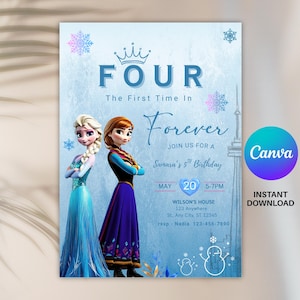Convite editável de aniversário Frozen Four, modelo de convite para festa de aniversário Frozen, convite de aniversário Frozen, modelo Canva, download instantâneo