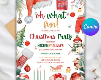 Redigerbar Oh What Fun Christmas Birthday-inbjudan, vinterfödelsedagsfestinbjudan, 1-årsdagshelginbjudan, Canva-mall, utskrivbar