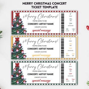 Puede incluir: Tres plantillas de entradas para conciertos de Navidad con un diseño festivo. Cada entrada presenta una ilustración de árbol de Navidad, el texto "Merry Christmas!" y espacio para los detalles del concierto. Las entradas son rojas, amarillas y verdes.