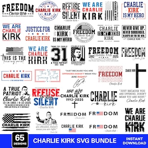 Può includere: Una collezione di 65 design con testo e grafica relativi a Charlie Kirk, tra cui frasi come "Freedom", "We are Charlie Kirk" e "A True Patriot". I design sono in bianco, nero e rosso.