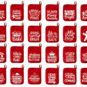 May include: Set of 16 red quilted pot holders with white text and graphics. The pot holders feature various Christmas baking themed sayings, such as "Christmas Baking Team", "Baking Spirits Bright", "Life is What You Bake It", and "Eat Drink Be Merry".