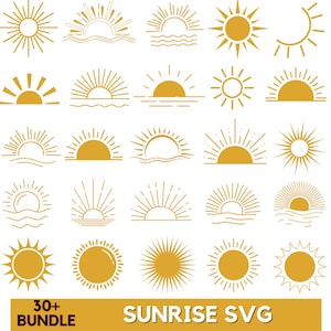 May include: A set of 30+ sunrise SVG illustrations in a yellow colour. The illustrations feature different styles of sunrises, including sunrises over water, sunrises with rays, and sunrises with a simple circle.