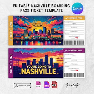 Editable Nashville Trip Ticket Template, Surprise Boarding Pass Ticket, Birthday Gift, Vacation Trip Ticket, Instant Download, Print