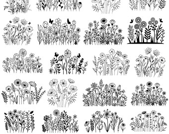 May include: A collection of 40 black and white line art illustrations featuring various wildflower arrangements, floral stems, and butterflies. The bottom text reads 40 DESIGNS WILDFLOWER SVG SVG PNG JPG DXF EPS INSTANT DOWNLOAD.