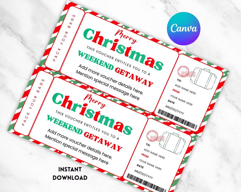 Editable Christmas Weekend Getaway Gift Voucher, Surprise Weekend Away Ticket, Ticket Template, Printable Travel Gift, Instant Download image 4
