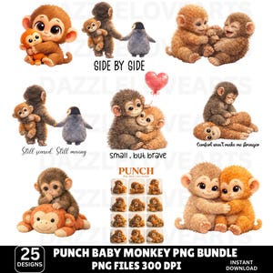 Paquete PNG de mono bebé Punch, mono de peluche emocional, mono bebé solitario, PNG inspirado en Punch viral, sublimación PNG