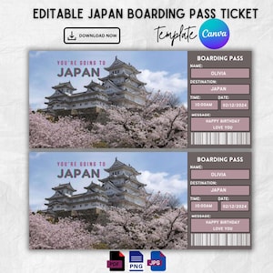 Editable Japan Boarding Pass Ticket Template, Surprise Trip Ticket, You’re Going To Japan, Printable Japan Trip Ticket, Instant Download
