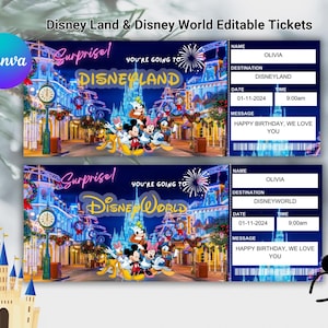 Druckbare Disneyland Surprise Ticket, Surprise Reveal Ticket Geschenk, Freizeitpark-Eintrittskarte, Disneyworld-Eintrittskarte, Canva bearbeitbar, Sofort-Download