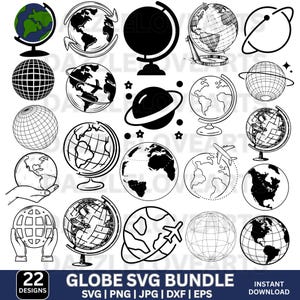 Globe SVG Bundle, World Map Clipart (Instant Download)