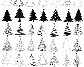Könnte beinhalten: Eine Sammlung von 35 Weihnachtsbaum-SVG-Designs in verschiedenen Stilen, darunter Umrisse, Vollschwarz und dekorative Optionen. Das Bild enthält den Text "CHRISTMAS TREE SVG BUNDLE" und "INSTANT DOWNLOAD".