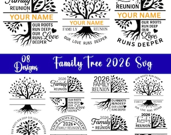 Paquete de SVG y PNG de árbol genealógico para reunión familiar 2026, SVG "Nuestras raíces son profundas", SVG de árbol genealógico, diseño de camiseta con nombre familiar personalizado, SVG de reunión familiar