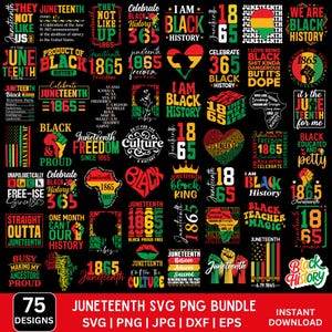 Peut inclure: Une collection de 75 motifs SVG et PNG pour le Juneteenth. Les motifs présentent du texte et des graphiques célébrant l'histoire et la liberté des Noirs, avec des phrases comme "Black History", "Juneteenth 1865" et "Black Proud."