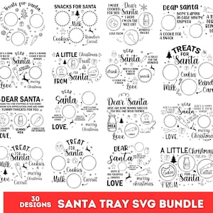 Op de afbeelding: Een set van 30 zwart-witte SVG-ontwerpen voor kerstplateau's. De ontwerpen bevatten verschillende zinnen en afbeeldingen met betrekking tot kerstmis, waaronder "Treats for Santa", "Dear Santa", "A Little Christmas Treat" en "Snacks for Santa".
