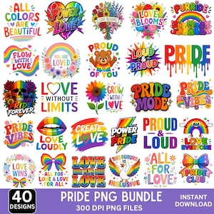 May include: A digital collection of 40 Pride-themed PNG designs. The designs feature vibrant text and graphics, including rainbows, hearts, and floral elements. Phrases such as "Love Wins" and "Pride Forever" are included. Instant download.