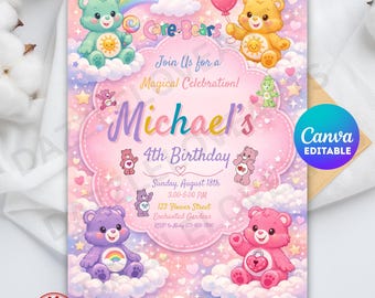Editable Rainbow Bear Birthday Invitation Template, Kids Birthday Party Invite, Pastel Cartoon Bear Party Invitation, Digital Download
