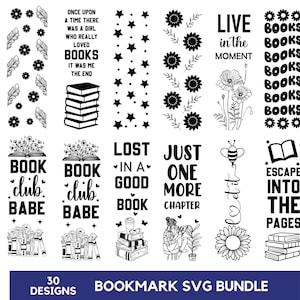 May include: A set of 30 black and white bookmark designs featuring various book-themed illustrations and text. Some designs include text such as "Book Club Babe", "Lost in a Good Book", "Just One More Chapter", and "Escape into the Pages".