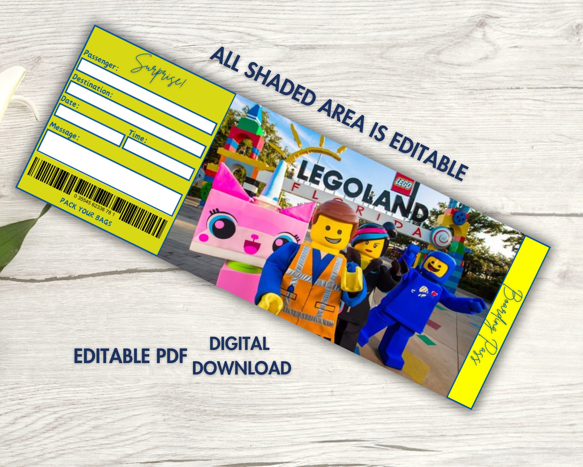 Printable Legoland Park Surprise Ticket Template, Vacation Trip Ticket Printable Legoland Park Surprise Ticket Template, Vacation Trip Ticket
