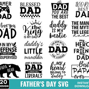 Puede incluir: Un conjunto de 20 diseños SVG para el Día del Padre con varias frases e imágenes relacionadas con los papás. Los diseños incluyen frases como "Gamer Dad", "Blessed Dad", "World's Best Dad", "Daddy is my bestie", "In my defense I was left unsupervised", "Daddy's little munchkin", "Just a regular dad trying not to raise liberals", "My hero my friend my dad", "Best Papa ever".