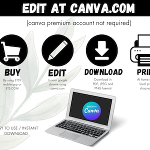 May include: A graphic showing the steps to purchase, edit, download, and print a digital design. The graphic includes icons for each step, along with text describing the process. The text includes "EDIT AT CANVA.COM (canva premium account not required)", "BUY", "EDIT", "DOWNLOAD", "PRINT", "EASY TO USE / INSTANT DOWNLOAD", and "DESIGN IN Canva".