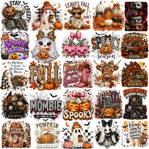May include: A digital collage of twenty-five Halloween-themed illustrations featuring ghosts, skeletons, pumpkins, highland cows, and trucks, with various seasonal text phrases like Spooky Season, Fall, and Boo Crew in vibrant orange, black, and purple.