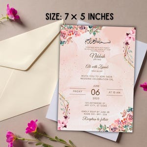 May include: Pink and gold wedding invitation with floral accents. The invitation reads "Nikkah uniting Ali with Zainal" and includes the date and time of the wedding ceremony. The size of the invitation is 7 x 5 inches.