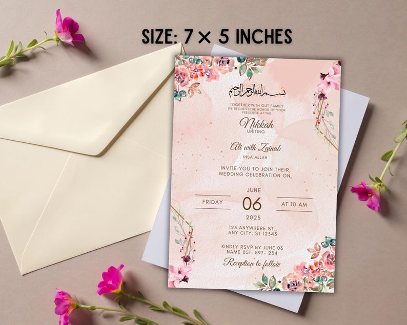 May include: Pink and gold wedding invitation with floral accents. The invitation reads "Nikkah uniting Ali with Zainal" and includes the date and time of the wedding ceremony. The size of the invitation is 7 x 5 inches.