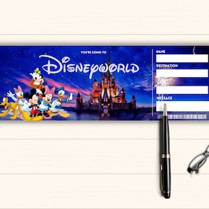 May include: A blue and white printable ticket with a picture of Cinderella's castle and Disney characters. The ticket has blank spaces for name, destination, date, and a message.