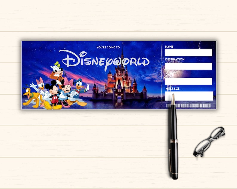 May include: A blue and white printable ticket with a picture of Cinderella's castle and Disney characters. The ticket has blank spaces for name, destination, date, and a message.