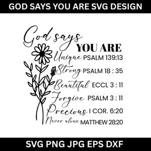 Puede incluir: Diseño gráfico en blanco y negro con un motivo floral y el texto "Dios dice que eres Único Fuerte Hermoso Perdona Precioso Nunca solo" con los versículos bíblicos correspondientes.