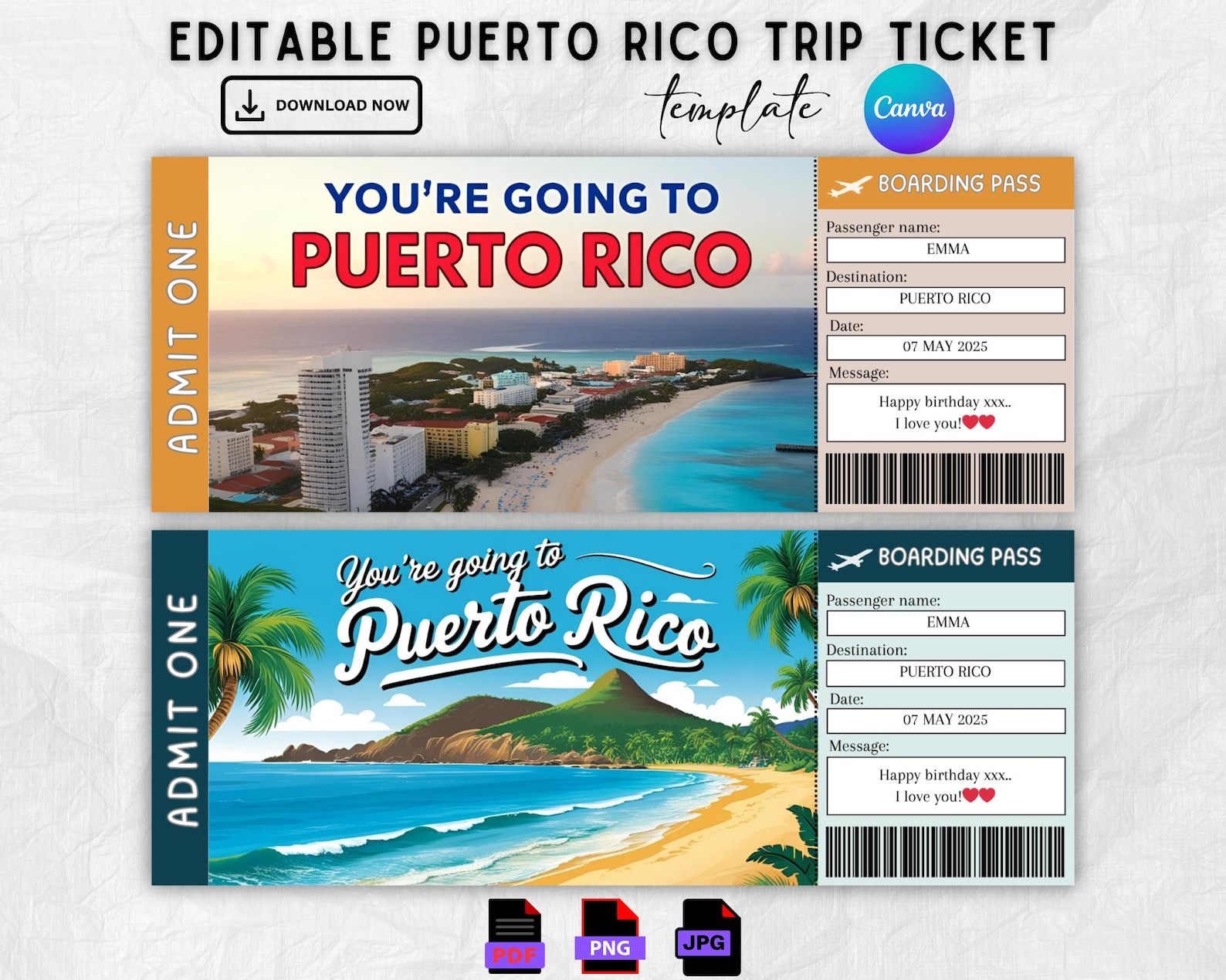 Editable Puerto Rico Trip Ticket Template (digital Download) - Etsy