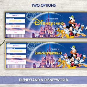 Może przedstawiać: Dwa drukowalne bilety na wycieczkę do Disneylandu lub Disney World. Bilety są ż&oacute;łte i niebieskie z obrazkiem zamku Disneya i Myszki Miki i jego przyjaci&oacute;ł. Tekst na biletach brzmi "You're going to Disneyland" i "You're going to Disney World".