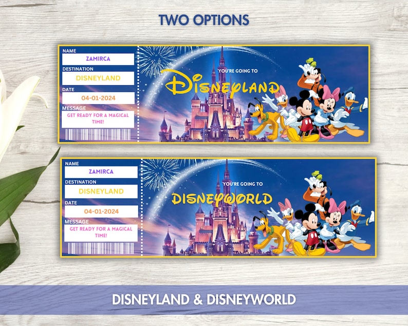 Może przedstawiać: Dwa drukowalne bilety na wycieczkę do Disneylandu lub Disney World. Bilety są ż&oacute;łte i niebieskie z obrazkiem zamku Disneya i Myszki Miki i jego przyjaci&oacute;ł. Tekst na biletach brzmi "You're going to Disneyland" i "You're going to Disney World".