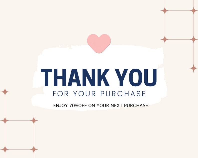 Może przedstawiać: Biała kartka z podziękowaniem z r&oacute;żowym sercem i tekstem "THANK YOU FOR YOUR PURCHASE ENJOY 70% OFF ON YOUR NEXT PURCHASE."