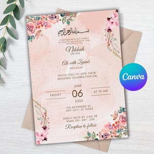 May include: A pink and white wedding invitation with floral designs. The invitation is for a Nikkah ceremony uniting Ali and Zainab on June 06, 2025, at 10 AM. The address is 123 Anywhere St., Any City, ST 12345. RSVP by June 08.