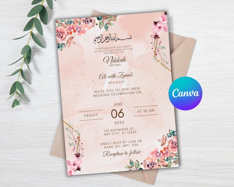 May include: A pink and white wedding invitation with floral designs. The invitation is for a Nikkah ceremony uniting Ali and Zainab on June 06, 2025, at 10 AM. The address is 123 Anywhere St., Any City, ST 12345. RSVP by June 08.