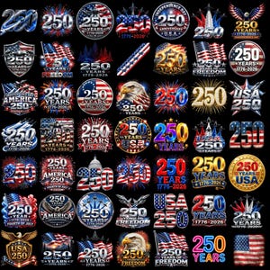 May include: A collection of digital graphic designs celebrating the 250th anniversary of the United States. Each emblem features the number 250, American flag motifs, bald eagles, fireworks, and text such as 1776-2026, USA, and Independence Day.