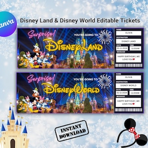 Druckbare Disneyland Surprise Ticket, Surprise Reveal Ticket Geschenk, Freizeitpark-Eintrittskarte, Disneyworld-Eintrittskarte, Canva bearbeitbar, Sofort-Download