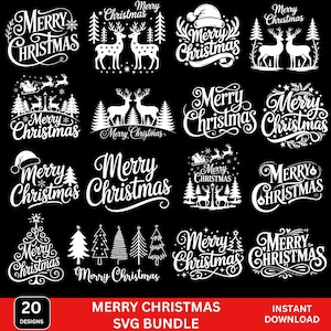 May include: A collection of 20 white Christmas-themed designs on a black background. The designs include the text "Merry Christmas" in various fonts, along with images of reindeer, Christmas trees, and Santa hats. The bottom banner reads "MERRY CHRISTMAS SVG BUNDLE".