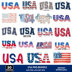 Op de afbeelding: Een verzameling van 20 USA-thema ontwerpen. De ontwerpen bevatten het woord "USA" in verschillende lettertypen en patronen, met de kleuren rood, wit en blauw, en sterren en strepen. Sommige ontwerpen bevatten de tekst "EST. 1776".