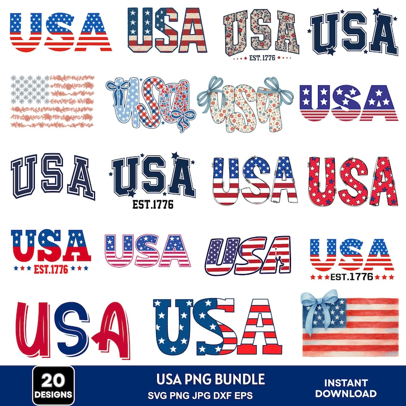 Puede incluir: Una colecci&oacute;n de 20 dise&ntilde;os con tem&aacute;tica de EE. UU. Los dise&ntilde;os incluyen la palabra "USA" en diferentes fuentes y patrones, incorporando los colores rojo, blanco y azul, y estrellas y rayas. Algunos dise&ntilde;os incluyen el texto "EST. 1776".