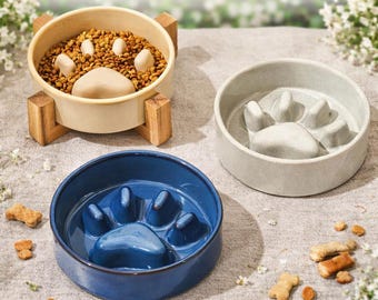 Anti-gulping bowl | Dogs and cats | Slow feeder | Ceramic bowl with wooden stand | Wet and dry food