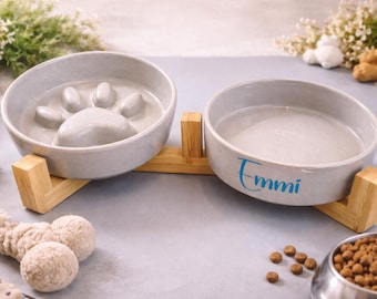 Doppelter Anti Schling Napf | Hunde und Katzen | Slow Feeder | Keramiknapf mit Holzgestell | Nassfutter und Trockenfutter | Geschenkidee